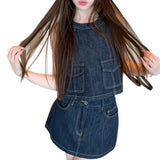 Summer Madrid Blue Soft Glutinous Cowboy Vest Half Skirt Suit 2026 Summer Half Dress Two Sets
