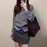 KANING Korean Version Of Gray Soft Glutinous Fake Two Knitted Shirt Women 2026 Autumn New Temperament Casual Sweater Jacket