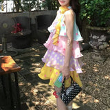 Candy Girl In The Long Color Sleeveless Hanging Neck A Word Wave Cake Dress Women's Summer Sweet Skirt Tide
