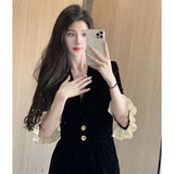 French Hepburn Black Velvet Dress Autumn And Winter High-End Feeling Waist Small Black Dress Light Luxury Small Dress Dress Dress Girl