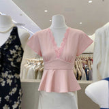 Fashion Sexy Hottie Temperament V-Neck Short-Sleeved T-Shirt Girl Spring And Autumn New Slimming Inner Lace Splicing Top
