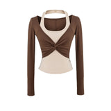 Hottie Wind Hanging Neck Color Fake Two Long-Sleeved T-Shirt Girl Design Tight Sex Sexy Bottom Short Top