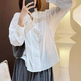 Wooden Ear Splicing Solid Color Loose Shirt Women 2025 Autumn Dress New French Collar White Shirt Top