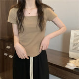 Pure Desire Ins Square Collar Korean Version Of Slimming Short-Sleeved T-Shirt Women's Summer Fashion Short Fashion Thin Bottom Shirt Topess Women T