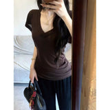 High-End Pure-Hearted Summer Hottie Style Korean Vintage Lazy V-Neck Short-Sleeved T-Shirt Women's Top Popular This Year