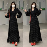 French Black V-Necked Long-Sleeved Dress Early Autumn New Look Temperament Waist Dress