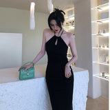 Black Hanging Neck Sexy Out-Shoulder Dress Repair Pocket-Length Dress Small Black Dress