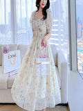 French Ink Painting Floral And Snowy Dress Bubble Sleeves Showing Thin Temperament Sweet Long Skirt Summer Women's Dress