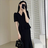 Large-Size Hao Ben Style Black Short-Sleeved Dress Women's Summer New Fake Two Temperament Thin V-Neck Long Skirt