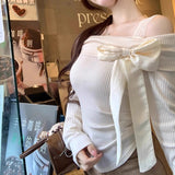 [Original Fabric] Pure Lust Wind Shoulder-Piny Pink Bottoming Shirt Female Hottie Bow Lace Spliced On The Shoulder