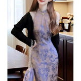 New Chinese Temperament Purple Printed Dress Woman 2025 New National Style Hanging Neck Cheongsam Long Dress