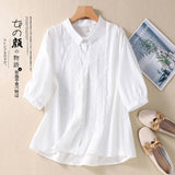 Real Shooting 2026 Summer New Seven-Sleeved Embroidered Cotton Loose Shirt Women's Literary And Art Retro Design Cotton T-Shirt