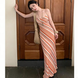 French Sexy Orange White Striped Dress Women Summer Waist Thin Open Fork Temperament Holiday Dress Tide