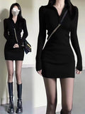 Pure Lust Sexy Wind Zipper Half-High Collar Long-Sleeved Little Black Dress Girl Autumn And Winter Tight Ass Babes Dress