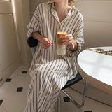 Korean Autumn Languid Wind Simple Collar Bump Color Stripes Design Loose Leisure Long-Sleeved Shirt Dress