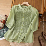 Real Shooting 2026 Summer New Seven-Sleeved Embroidered Cotton Loose Shirt Women's Literary And Art Retro Design Cotton T-Shirt