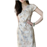 2025 Summer New Light Luxury National Style Oil V Collar A New Chinese Printing Temperament Improved Cheongsam Waist Dress