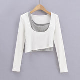 INS Spring/Autumn Irregular Colleal Slammed Two-Sleeved Set Of Women's U-Neck Solid Colored Long Sleeved T-Shirt
