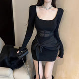 Sexy Hottie Collar Black Mesh Long-Sleeved Dress Woman Spring New Slimming Inner Ass Skirt