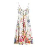 Colored Flower Exposed Shoulder Sling Dress French Women's Summer Waist Swing Skirt Seaside Style Dress