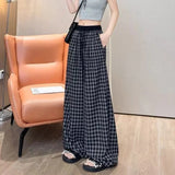 Summer Leisure Style Thin Lattice Pocket Loose Broad Leg Pants Fashion Women's Hanging Trousers Korean Version Of Drawstring Drag Trousers