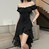2026 Spring And Summer New Black Lotus Side Irregular Dress Women's Shoulder Shoulder Sexy Irregular Dress