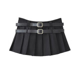 Vintage College Style Ultra-Low-Waund 100-Folded Skirt Hottie Double Belt Folding Anti-Light A-Word Super Short Skirt