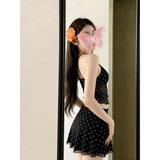 Korean Style Retro Wave Dot Mesh Yarn Split Hottie Sling High Waist Apparent Thin Skirt Pure Want Vacation Leisure Suit Female Tide