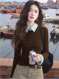Vintage Lattice Splicing Fake Two-Piece Bottomed Shirt Women In The Spring And Autumn Wearing A Design Polo Collar Top