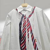 Design-Sensitive Niche Tie-Print Striped Shirt Women's New Languid Windy Loose Shirt Tide In Autumn 2025