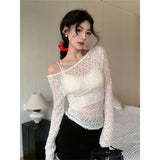 Fashion Design Sense Niche Lace Hollow Long-Sleeved T-Shirt Girls Autumn Winter Repair Outside The Sexy Hottie Clothes