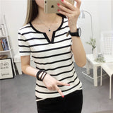 V Striped Short-Sleeved V-Neck Short-Sleeved T-Shirt For Women's Summer New Korean Version Of The Stylish Short-Sleeved Bottom Topess