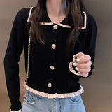 French Color Piecing Knitted Bottom Shirt With Women's Spring And Autumn Small Fragrant Short Sweater Open-Sleeved Top
