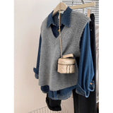 KANING Gray V-Neck Knitted Vest Women 2026 Autumn New Vest Folded With Horse Clip Loose Outer Wear