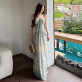 Sexy Beautiful Slings Print Bareback Dress Female Summer Temperament Thin Seaside Wind Bag Hip Dress Long