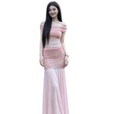 Sexy Famous Wind Net Yarn Folded Dark Flower Shoulder Dress Senior Feeling Girl Summer Waist Splicing Long Dress