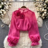 French Shirt Female Design Sense Small Three-Dimensional Flower Bubble Sleeves To Reduce The Age Of Pure Color Chiffon Shirt Women's Long-Sleeved Top