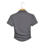 2025 Pure Lustful Wind Sexy Tight Chest Flanked Folded T-Shirt Thread Half-High Collar Short-Sleeved Top Woman