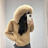 KANING Imitation Fox Fur Collar Knitted Cardigan 2026 Autumn And Winter New Hooded Double Zipper Short Coat Woman