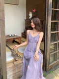 French Retro White Purple Sling Dress Women's Summer New High-End Feeling Waist Show Body Long Skirt