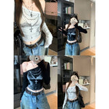 Vintage Sexy Hottie Windy Shoulder Long-Sleeved T-Shirt Girl Spring New Slimming Inside Short Top
