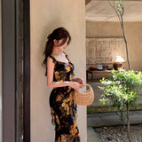 Sexy Broken Lotus Leaves Side Hanging Dress Femininity Summer Temperament To Close The Waist Of The Hip Open Fork Dress
