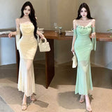Sexy Bare-Backed Fairy Net Yarn Spliced Flower Sling Dress Woman Summer Small Suplet Fishtail Dress
