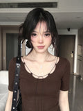 French Temperament With U-Neck Short-Sleeved T-Shirt For Women's Summer Design To Slim Thin Niche Tops