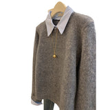 KANING Gray Fake Two-Piece Knitted Jersey Woman 2026 Autumn New Polo Collar Long-Sleeved Sweater Inside