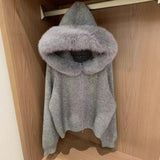 KN Hooded Removable Large Collar Knitted Jersey 2026 Autumn And Winter New Design Women's Soft-Creinable Sweater Jacket