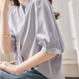 2026 Summer New Five-Sleeve Casual Temperament Striped Shirt Women Short Sleeve Loose Thin Round Collar Shirt