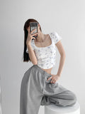 2026 Summer Design Sense Collar Short-Sleeved T-Shirt Women's Fish Bone Line T-Shirt Umbilly Umbilly Short Floral Blouse