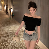 One-Word Shoulder T-Shirt Slim Thin Body Short Top Sexy Hottie Shirt Top