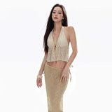 Sexy Babes Hanging Neck Sling Vest Women Summer New Slimming Lace Splicing Splicing Tops